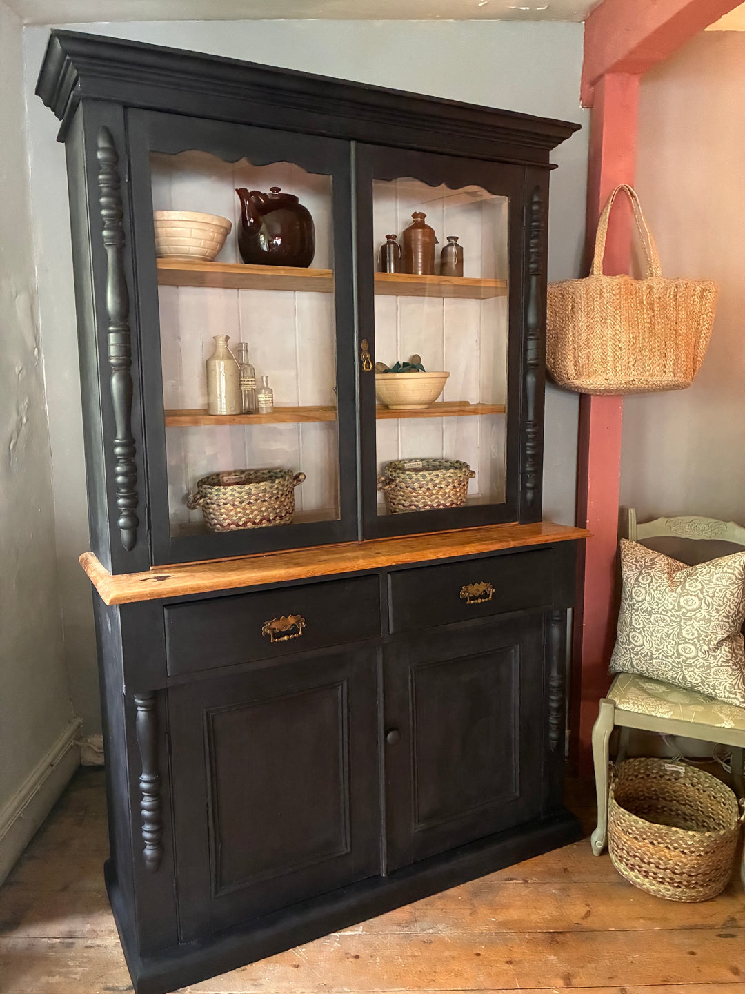 Ebonised Victorian Pine Dresser with Glazed Top by Source for the Goose, ideal for rustic kitchen storage in Devon.