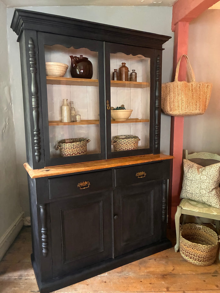 Ebonised Victorian Pine Dresser with Glazed Top by Source for the Goose, ideal for rustic kitchen storage in Devon.