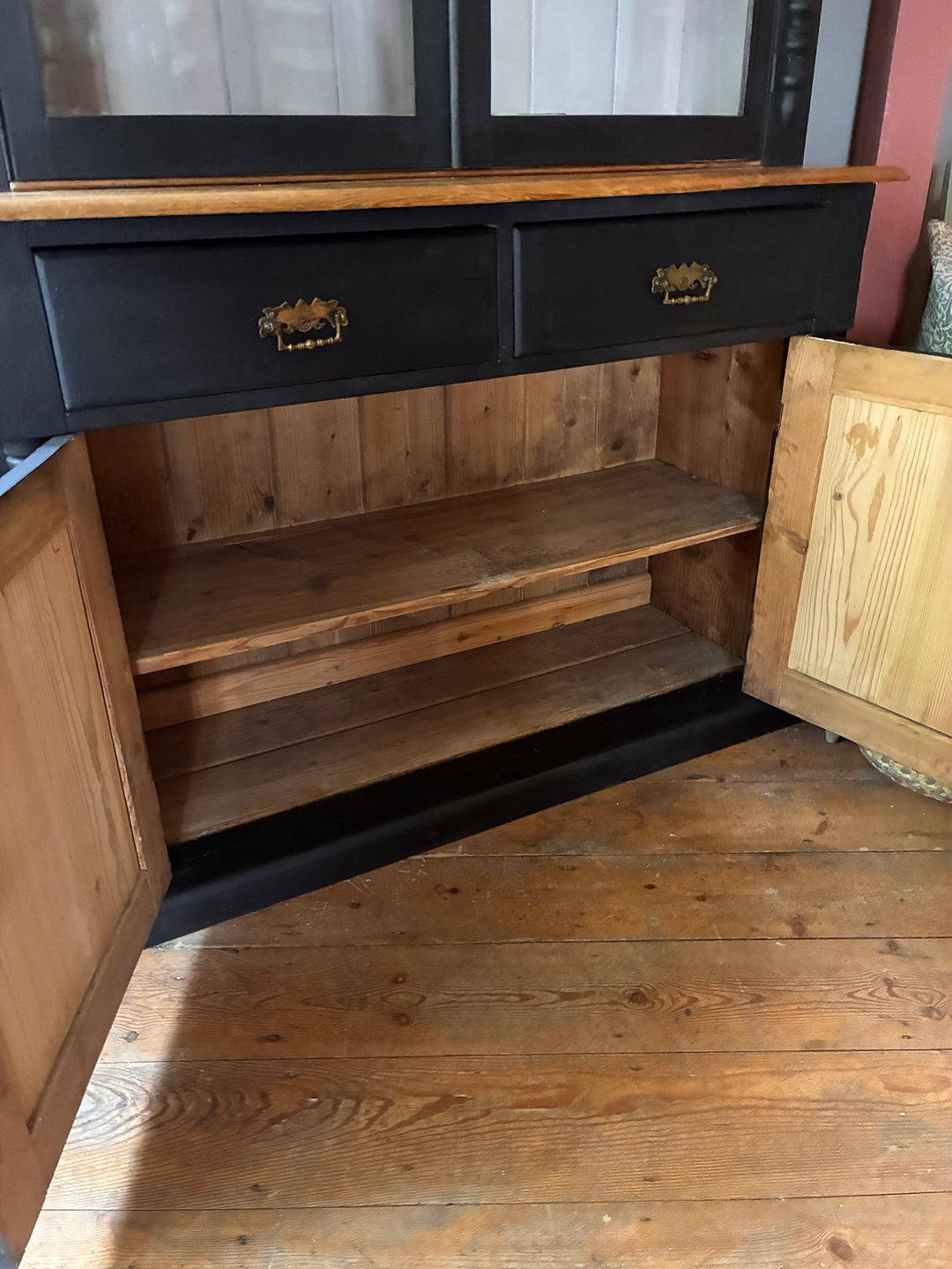 Ebonised Victorian Pine Dresser interior featuring wooden shelves and drawers, sourced from Source for the Goose, Devon.
