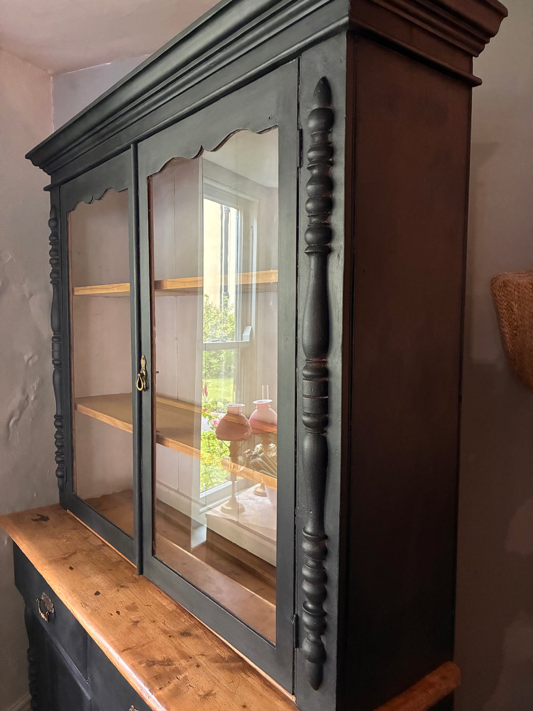 Ebonised Victorian Pine Dresser with Glazed Top showcasing rustic charm and deep shelves by Source for the Goose, Devon.