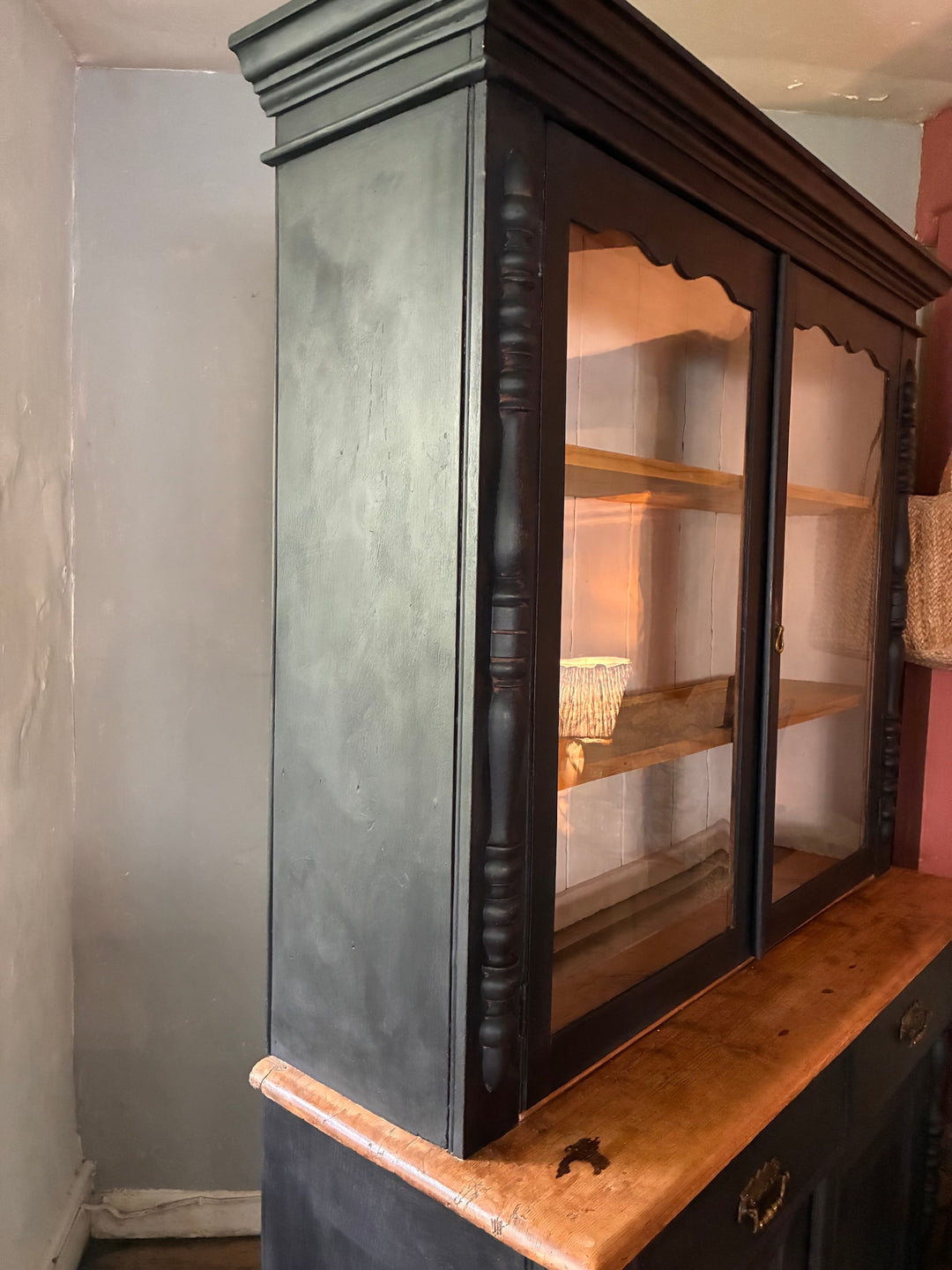 Ebonised Victorian Pine Dresser with glazed top and carved mouldings from Source for the Goose, Devon.