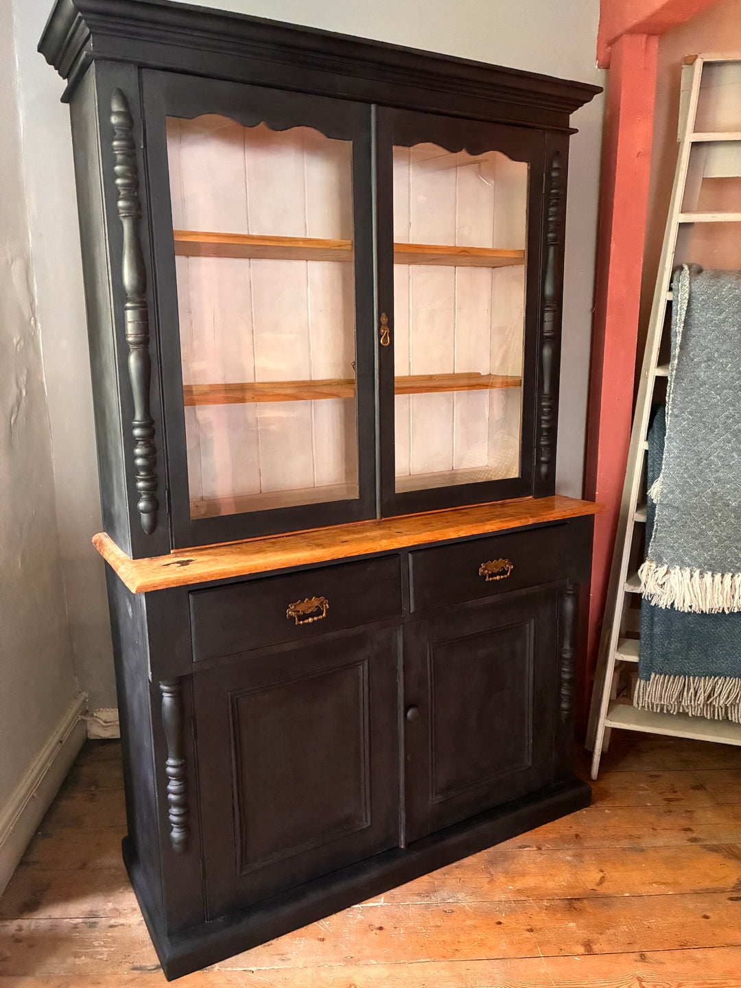 Ebonised Victorian Pine Dresser with Glazed Top from Source for the Goose, Devon, showcasing traditional design and ample storage.