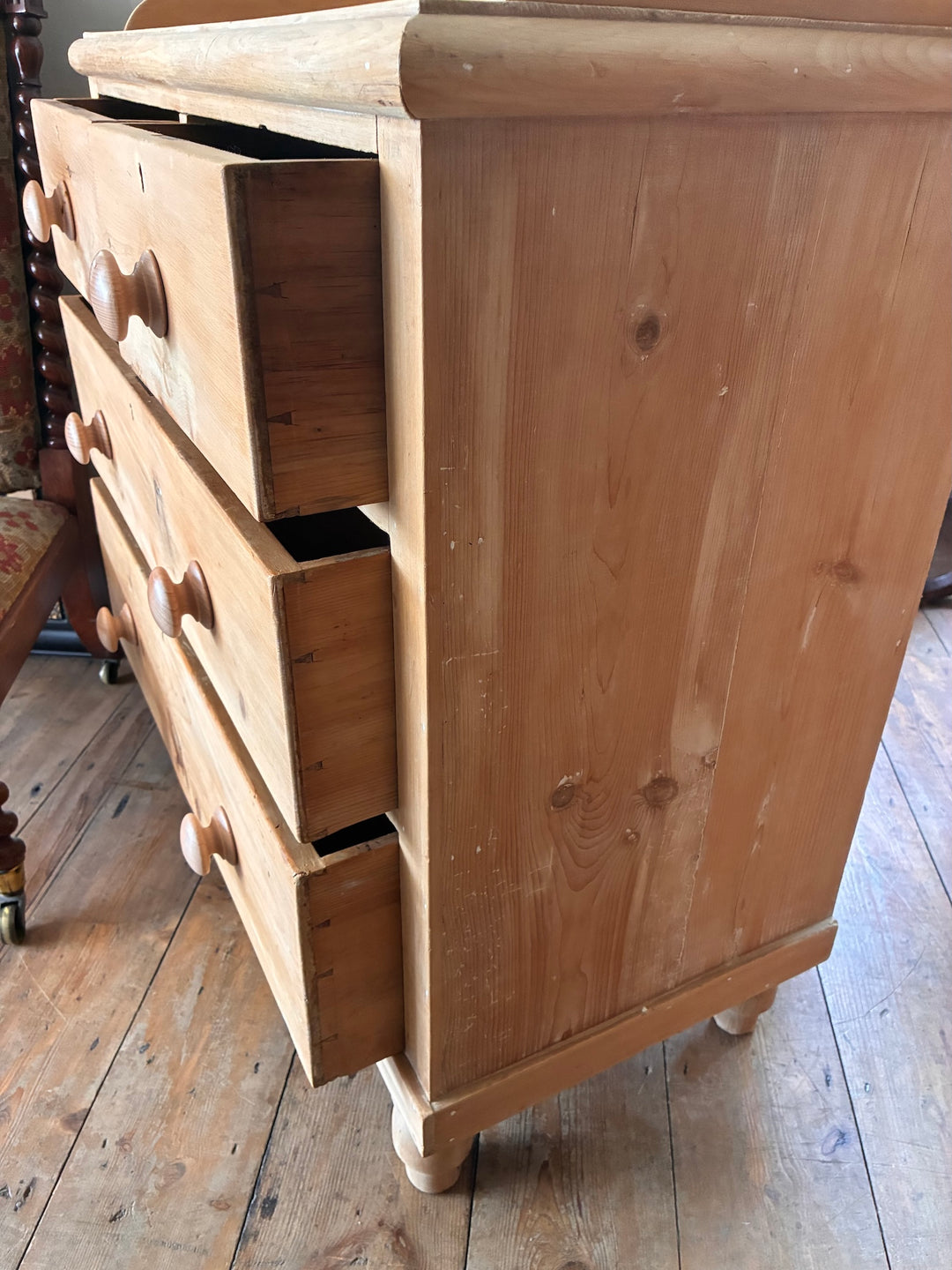 Small Antique Pine Chest of Drawers - Galleried Back, showcasing light pine rustic finish and traditional Victorian design.