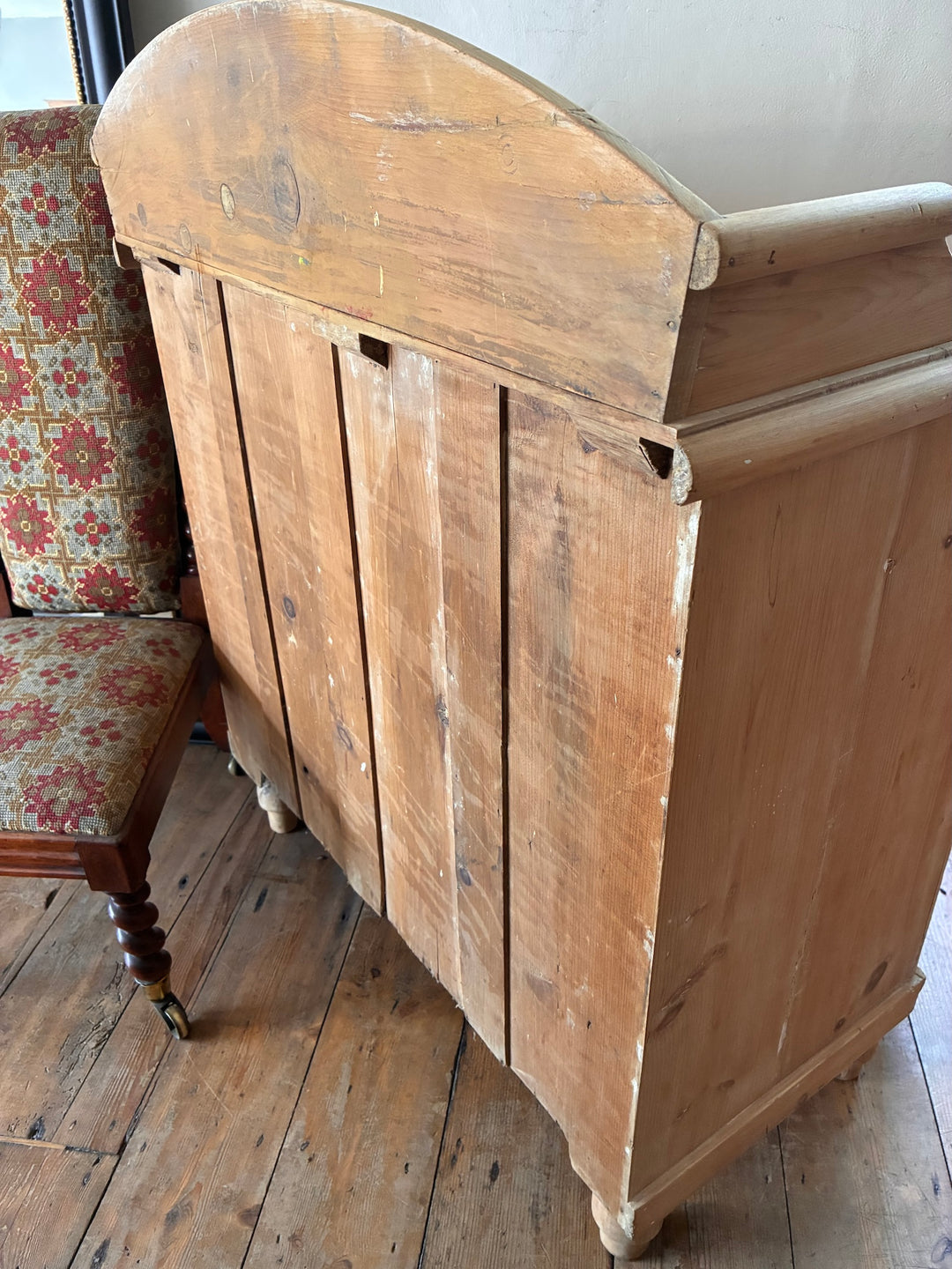 Small Antique Pine Chest of Drawers - Galleried Back showcasing wood texture and design details in a cozy setting.