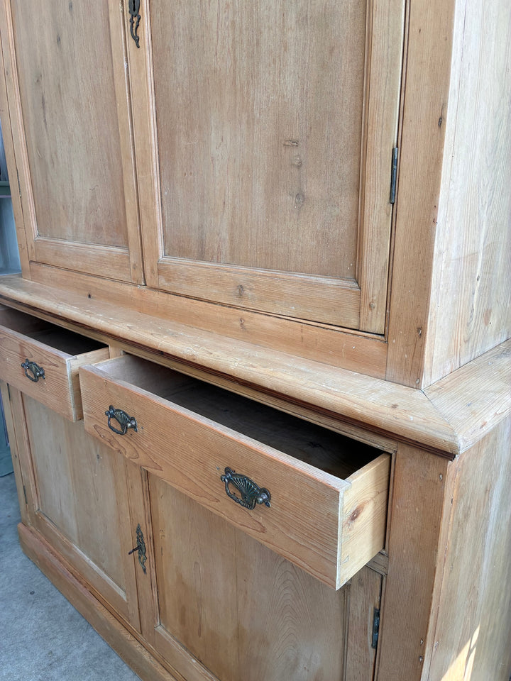 Victorian Pine Housekeepers Cupboard with two doors and drawers, showcasing period detailing from Source for the Goose Devon.