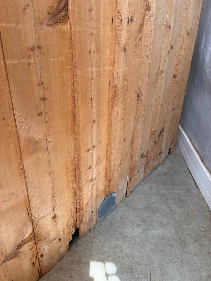 Close-up of the wooden panel detailing of the Victorian Pine Housekeepers Cupboard.