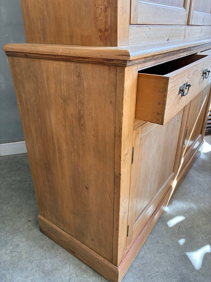 Victorian Pine Housekeepers Cupboard with open drawer showcasing its authentic wood craftsmanship.