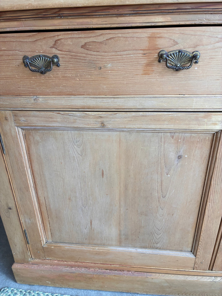 Victorian Pine Housekeepers Cupboard drawer and door detail with brass handles.