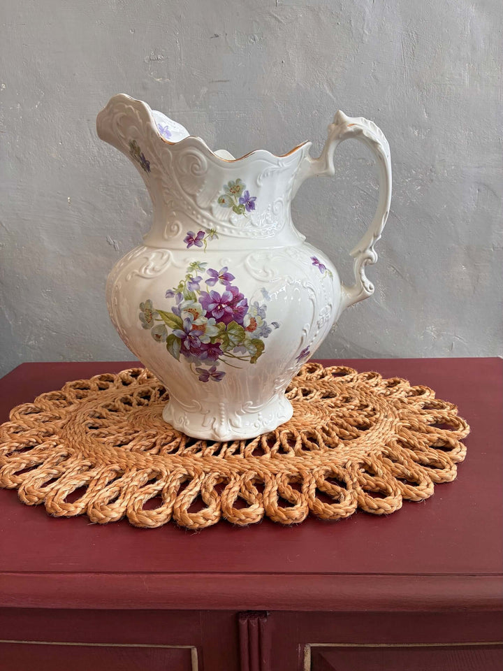 Pretty Floral Victorian Pitcher Jug from Source for the Goose Devon on a decorative table mat.