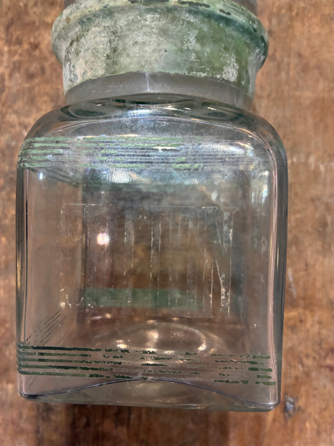 Vintage 1930s Glass Bathroom Set bottle with green lettering and authentic glass stopper.