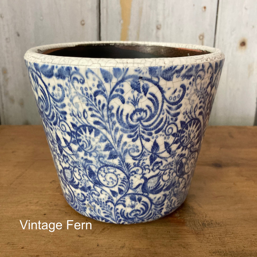 Blue Dutch Style Vintage Fern Print Flowerpot