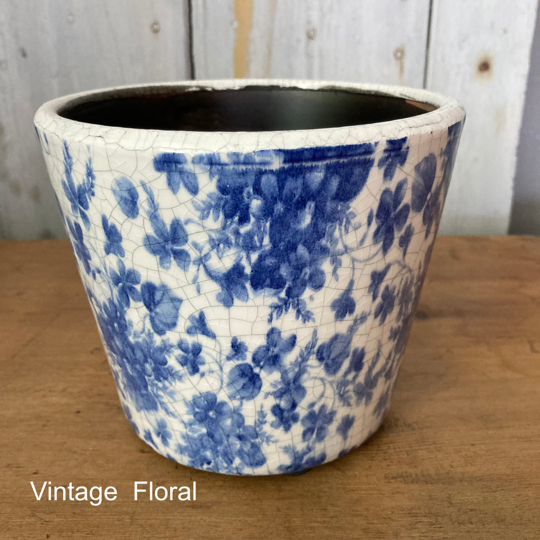 Blue Dutch Style Vintage Floral Print Flowerpot