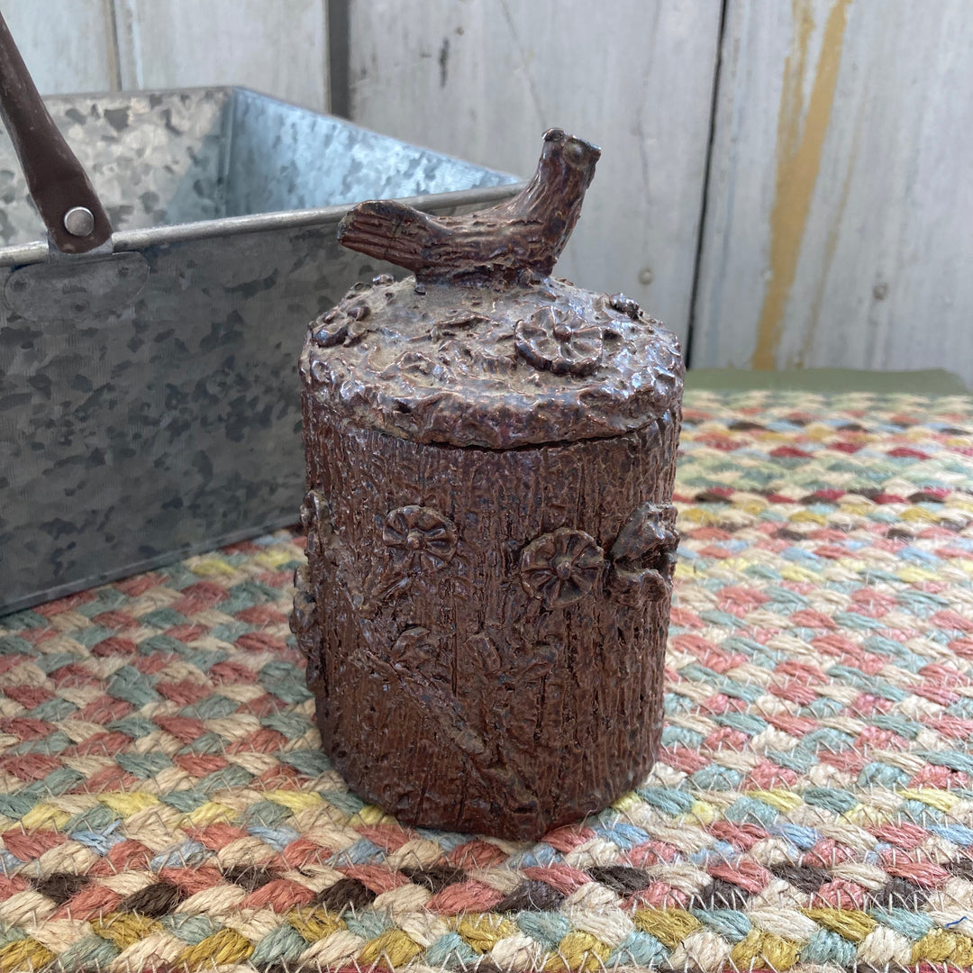 Vintage French Stoneware Jar in shape of tree trunk with bird for handle on lid