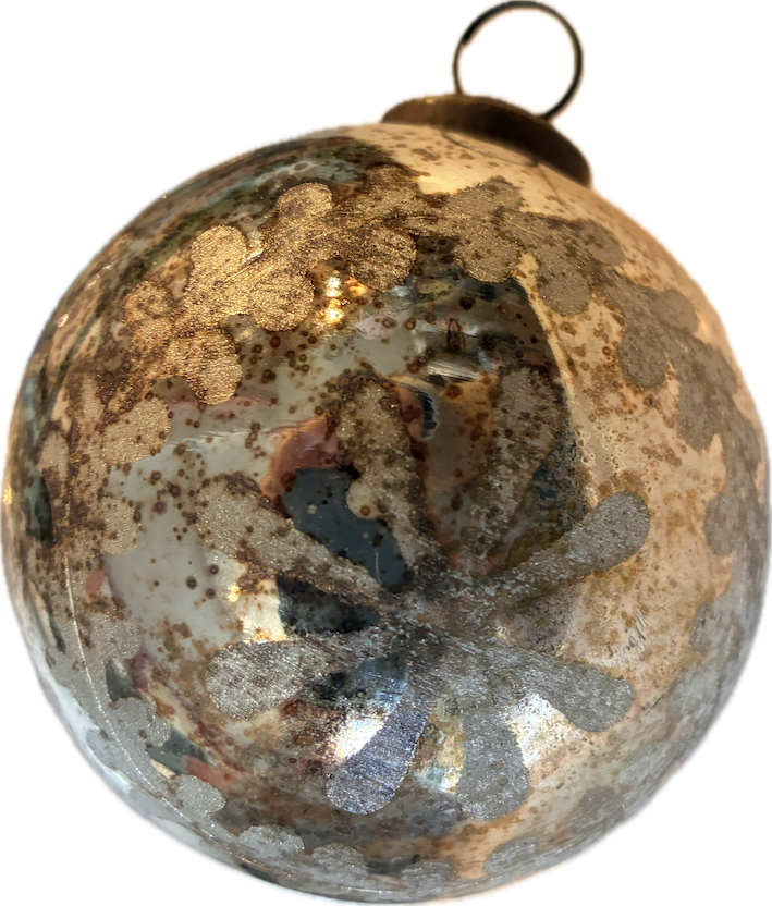 Vintage Style Wreath Design Glass Bauble with floral design and aged patina by Source for the Goose, Devon.