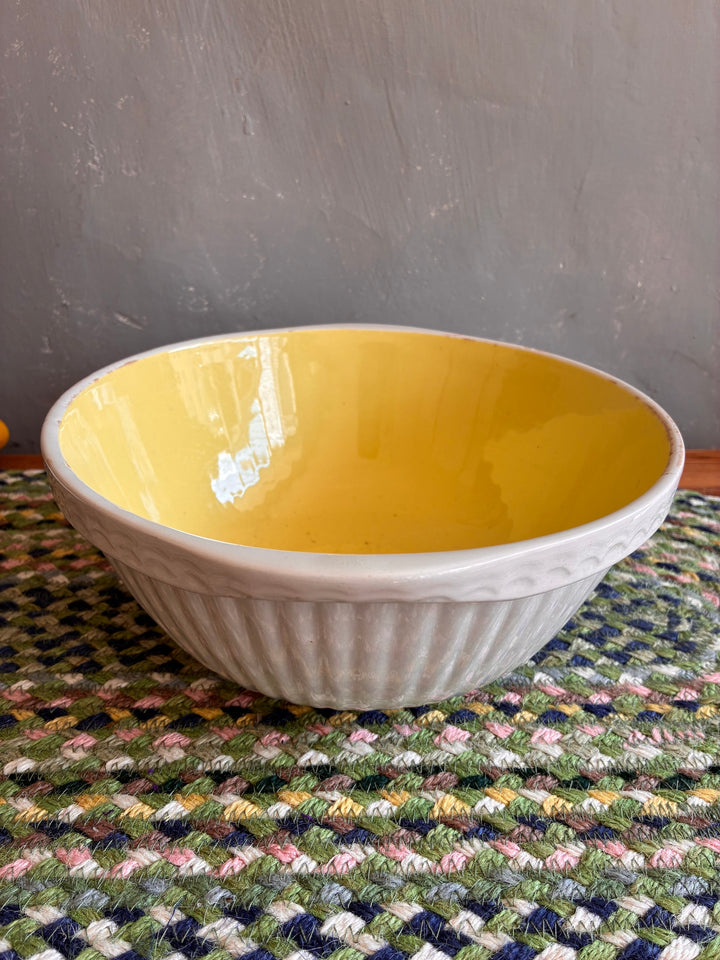 Vintage Yellow and White TG Green Easimix Bowl with ribbed exterior and glazed interior, perfect for kitchen use.