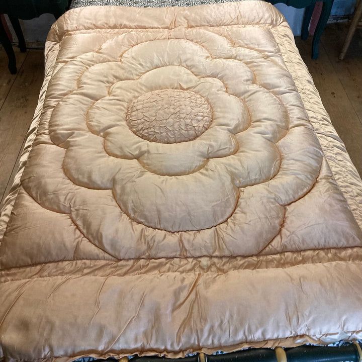 Vintage 1930s Single Eiderdown featuring a beautiful creamy apricot gold satin flower design.