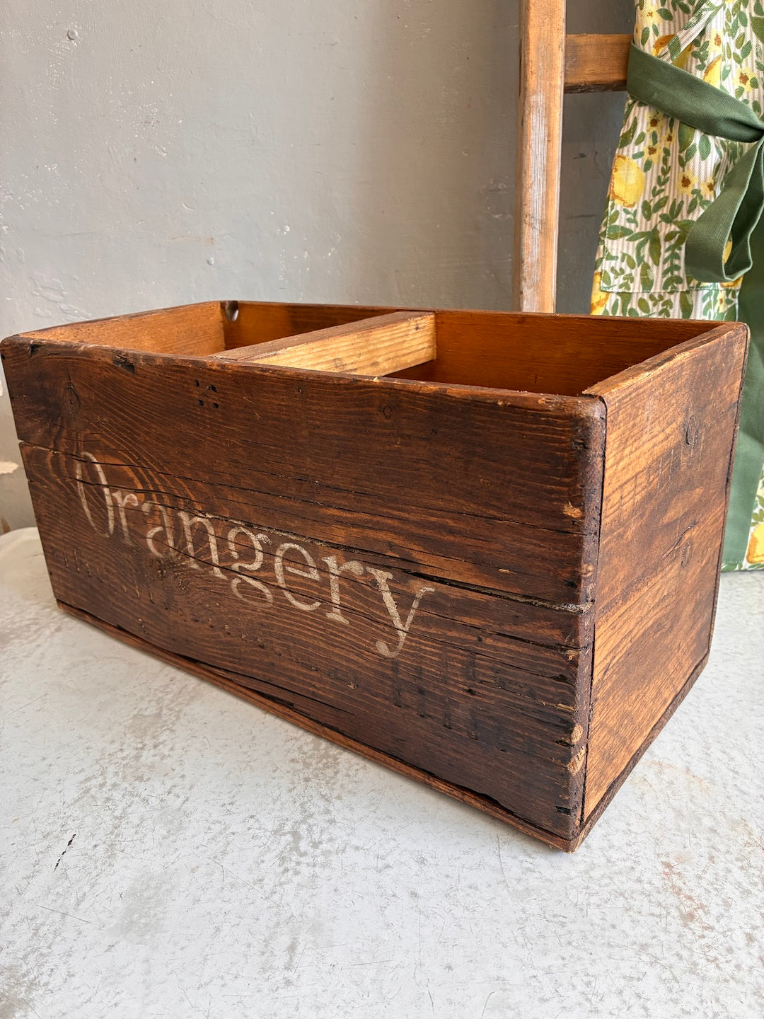 Vintage handmade wooden crate with 'Orangery' stencil, perfect for home decor or as a gift from Source for the Goose, Devon.