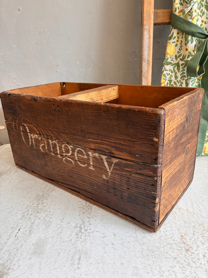 Vintage handmade wooden crate with 'Orangery' stencil, perfect for home decor or as a gift from Source for the Goose, Devon.