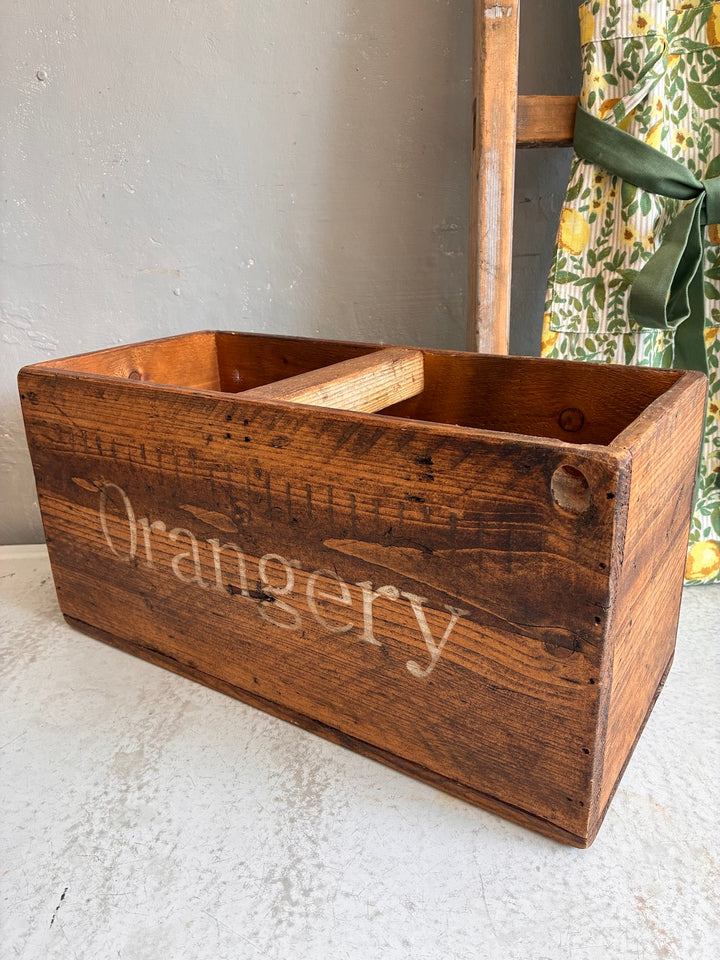 Vintage handmade wooden crate with 'Orangery' stencil, perfect for home decor by Source for the Goose, Devon.