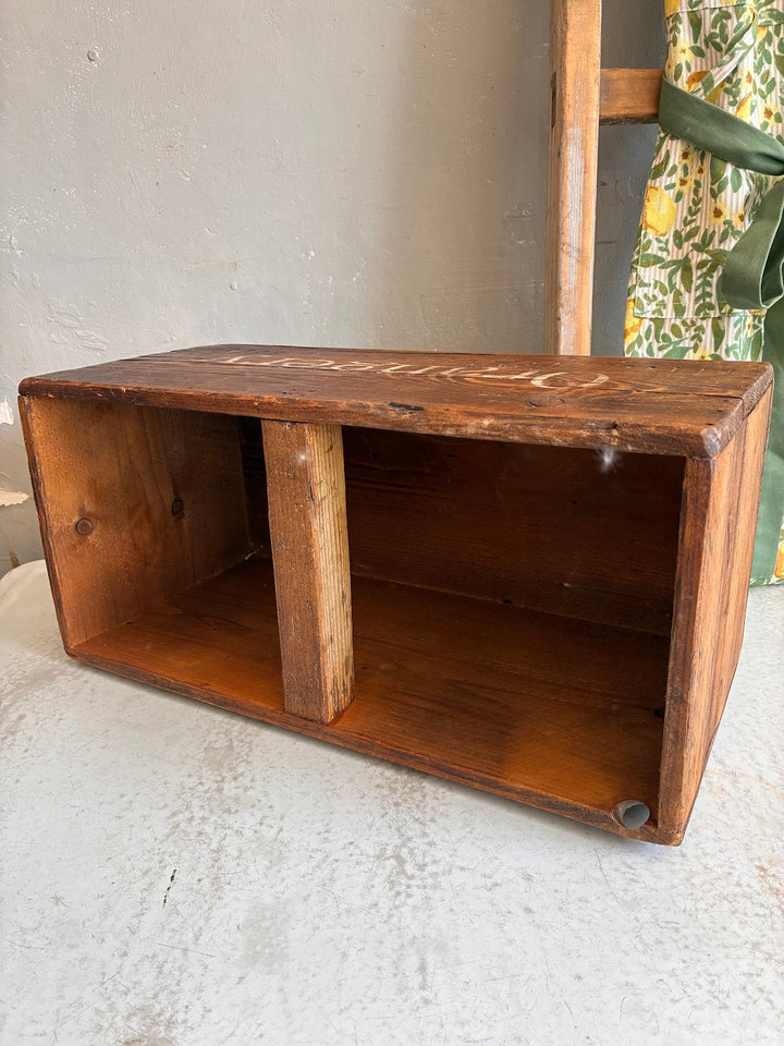 Vintage handmade wooden crate with the word 'Orangery' stencilled, perfect for home decor from Source for the Goose in Devon.