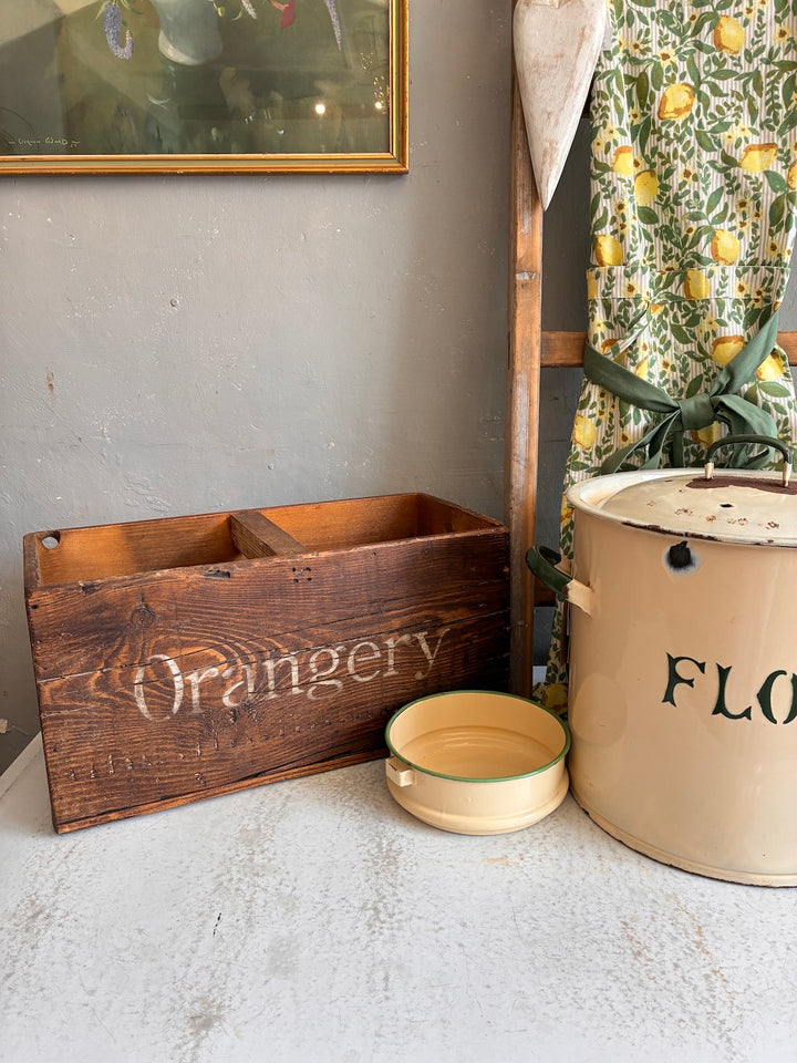 Vintage handmade wooden crate with 'Orangery' stenciled, adding farmhouse charm to home decor from Source for the Goose, Devon.
