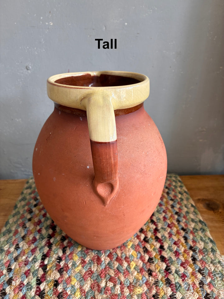 Vintage Slipware Terracotta Jug - North Devon, tall authentic terracotta jug with cream slipware rim.