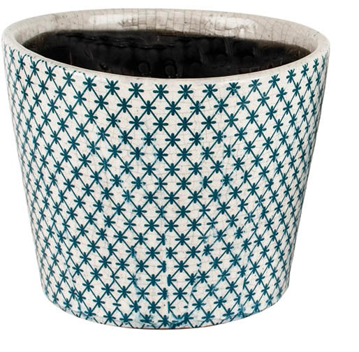 Teal Green Vintage Style Dutch Terracotta Harlequin Print Flowerpot for sale at Source for the Goose 