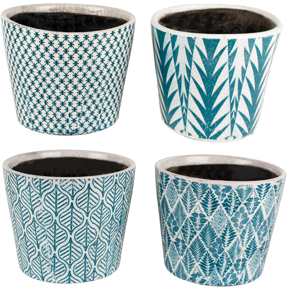 Four designs of teal coloured flowerpots