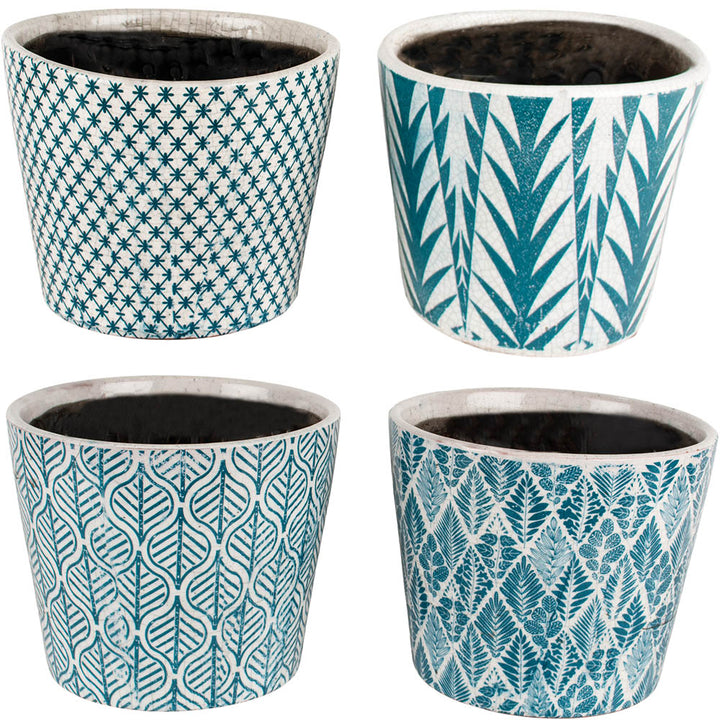 4 designs of Teal coloured terracotta Dutch plant pots