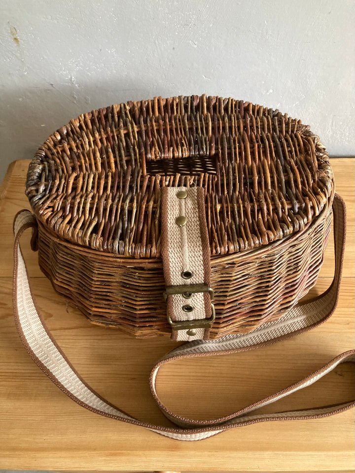 Wicker fishing creel with carrying strap, ideal for outdoor adventures or rustic home storage, by Source for the Goose, Devon.