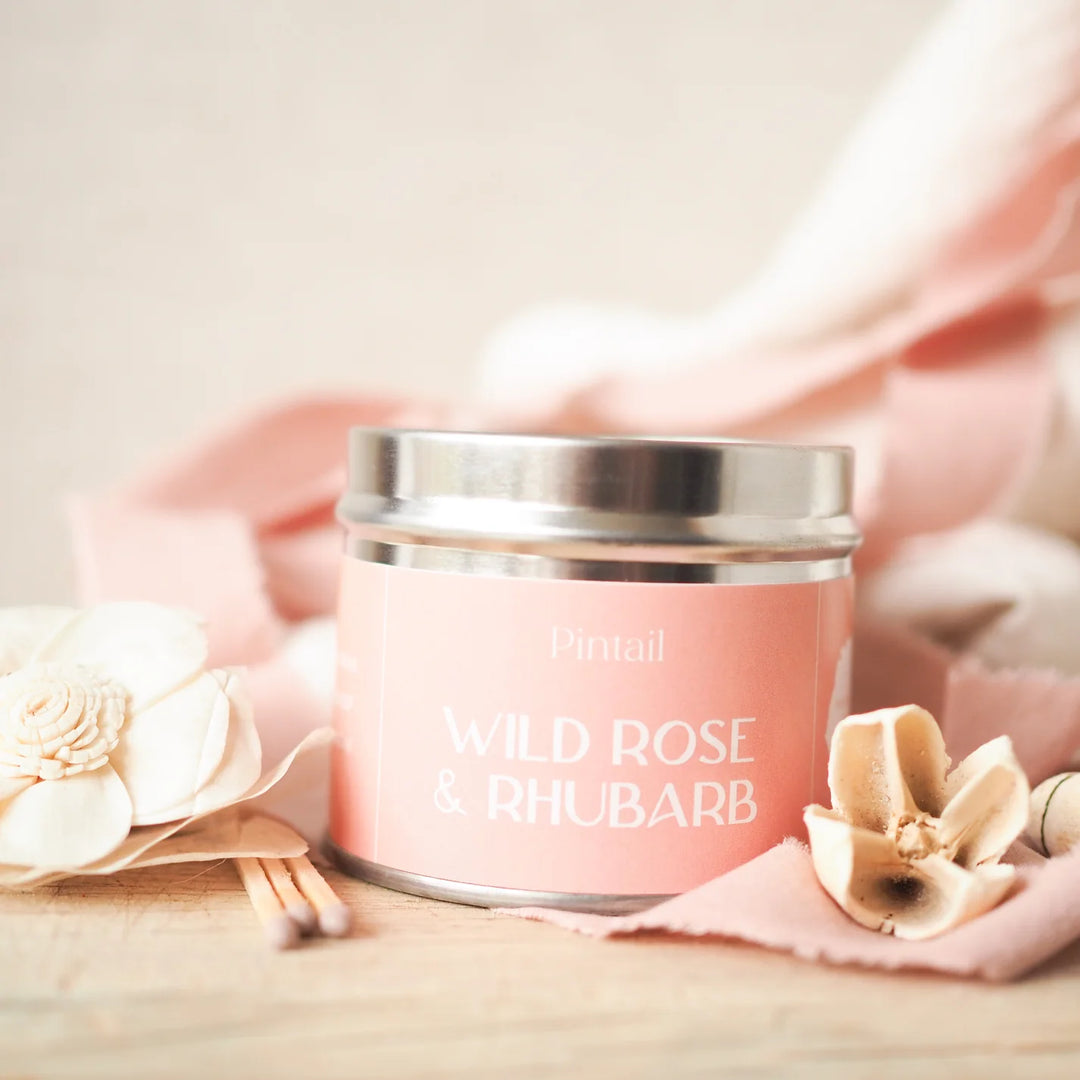 Single Wick Wild Rose and Rhubarb Pintail Candle for sale at Source for the Goose, Devon