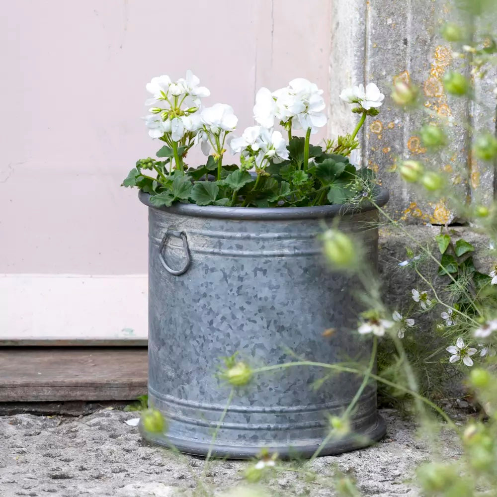 Wilton Round Zinc Planter filled with white flowers, showcasing its durable industrial design for indoor or outdoor settings.