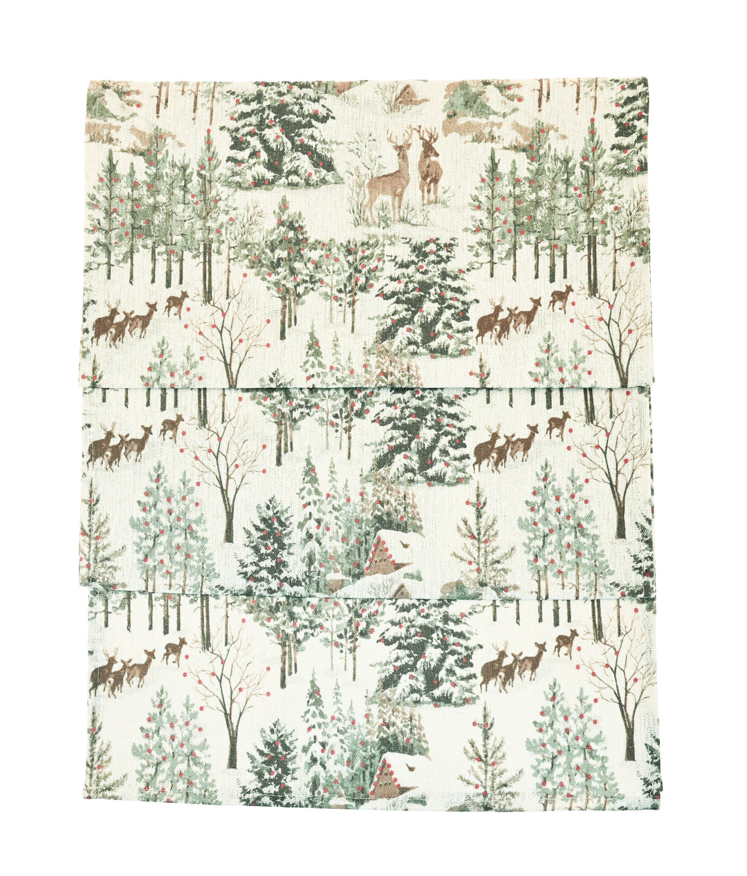 Winter Scene Table Runner - Longer Length featuring pine trees and deer on a linen background, ideal for festive decor.