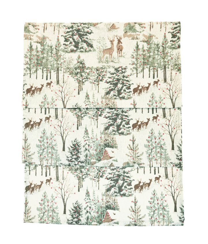 Winter Scene Table Runner - Longer Length featuring pine trees and deer on a linen background, ideal for festive decor.