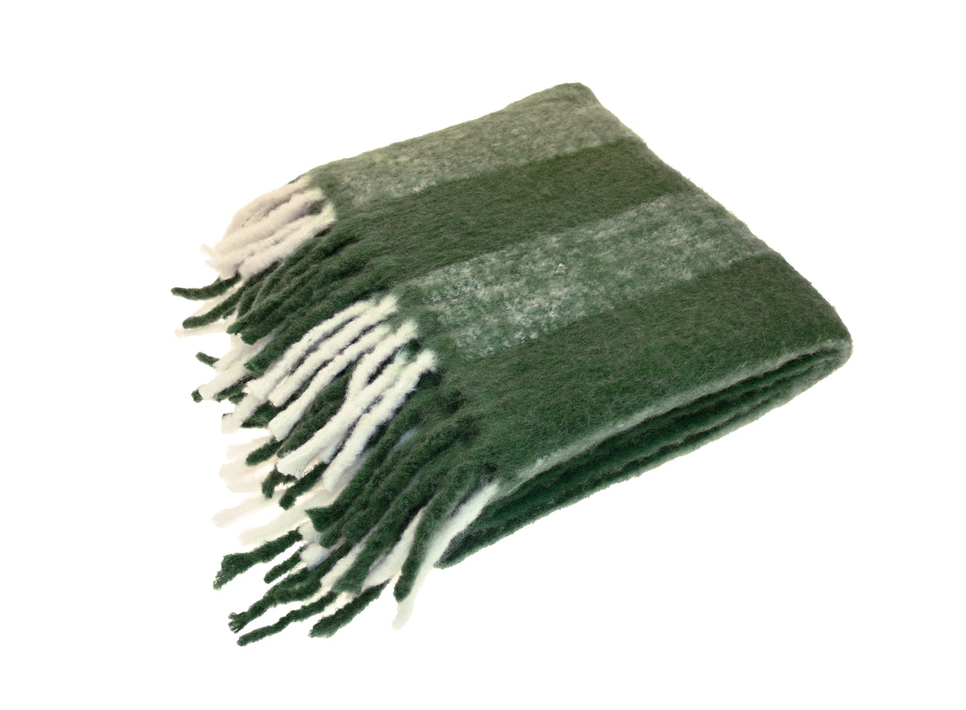 Wool Blend Fern Green Wide Stripe Throw with tassels, adding warmth and style to any room.