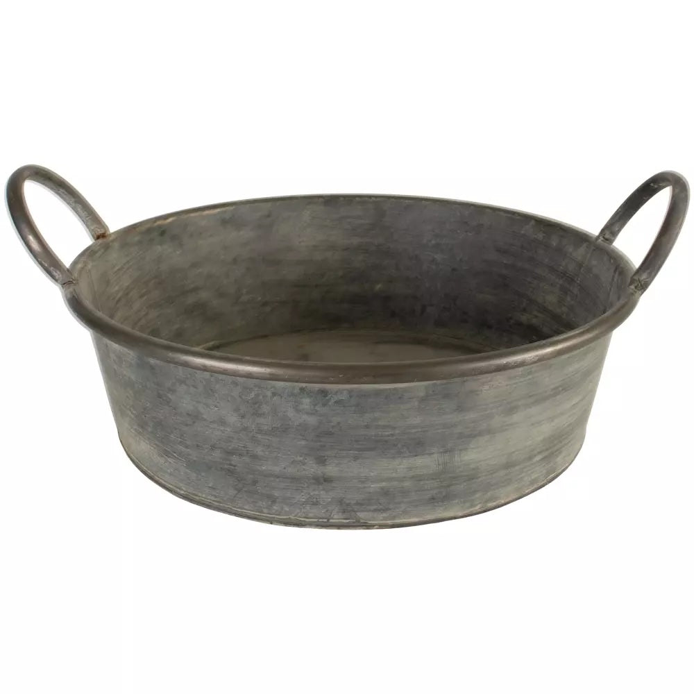 Zinc Round Tray Planter With Handles with antique finish and sturdy handles, perfect for gardens and interiors.