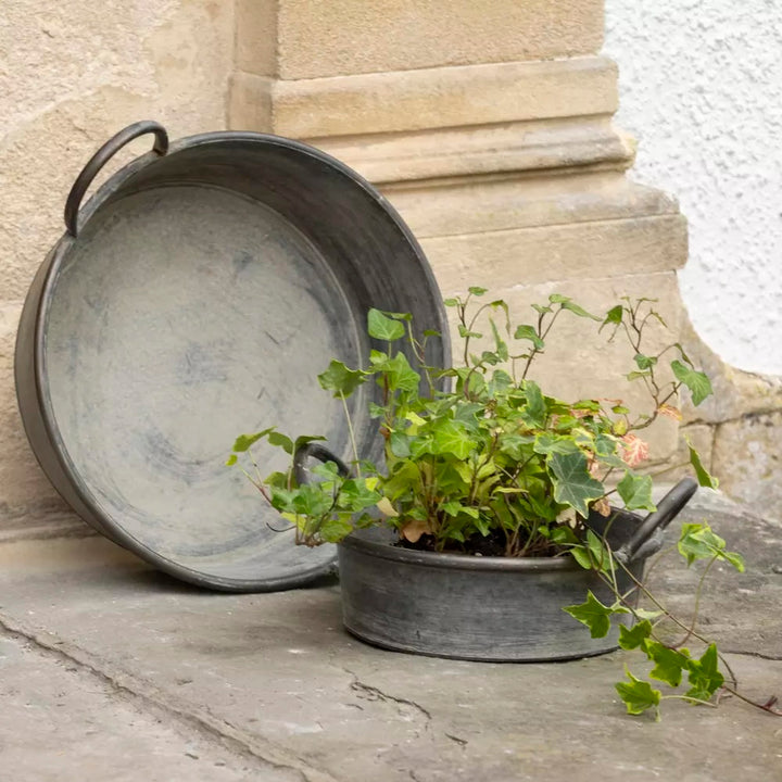 Zinc Round Tray Planter With Handles showcasing a green plant, perfect for indoor and outdoor elegance.