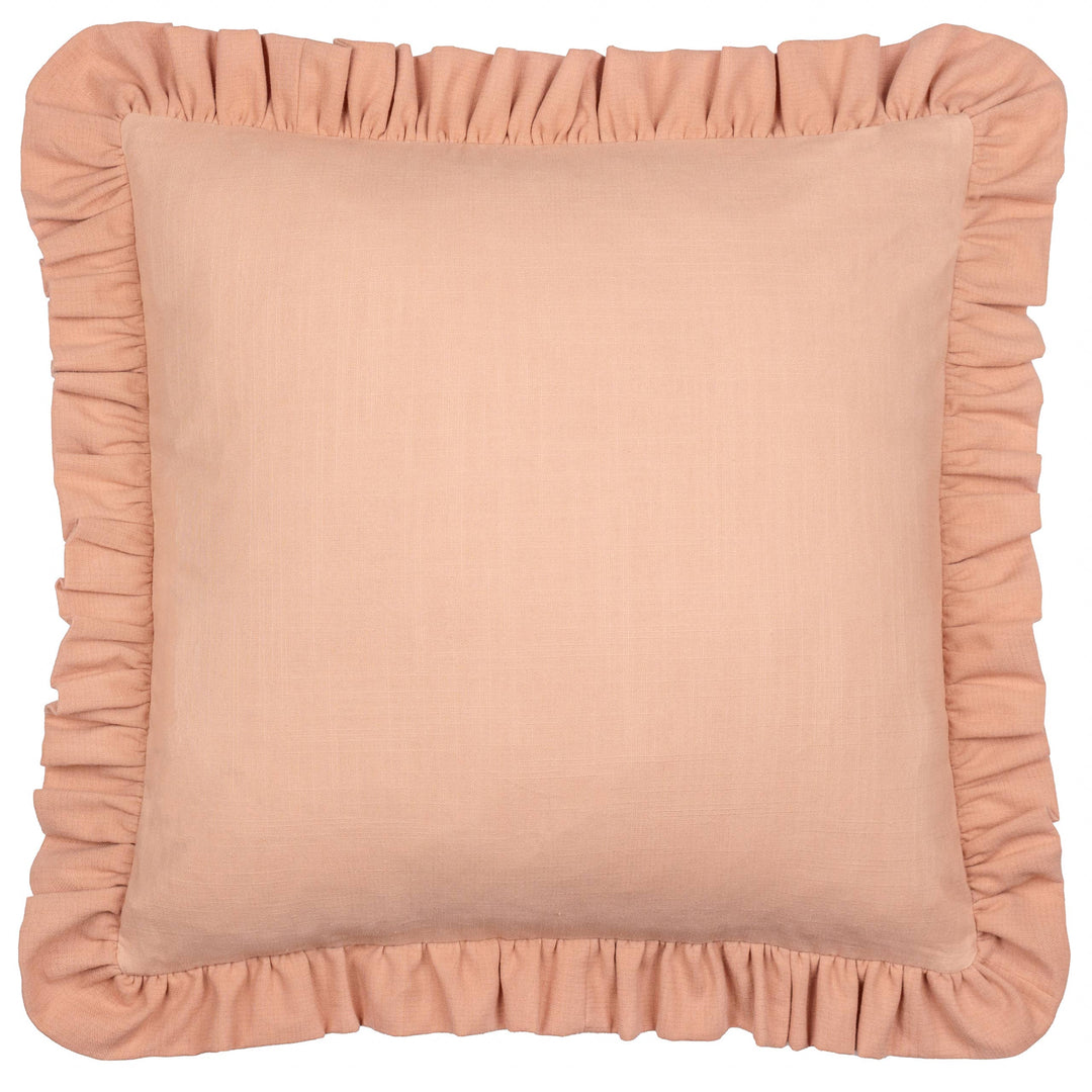 Vintage Blush Rose Ruffle Cushion - Effie with ruffle trim in soft pastel tones for elegance.