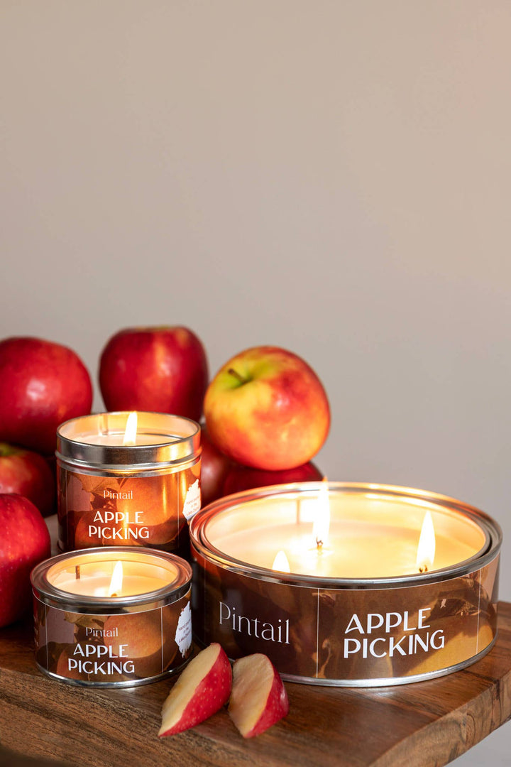 Pintail Candles Apple Picking Classic Tin Candles surrounded by fresh apples, perfect for cosy home and winter nights.