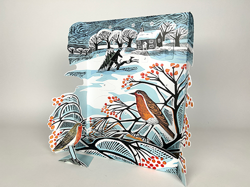 Angela Harding 3D advent calendar featuring robins in a snowy winter scene, perfect for Christmas celebrations from Source for the Goose, Devon.