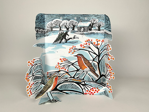Angela Harding 3D advent calendar featuring robins and a winter scene, perfect for Christmas décor from Source for the Goose, Devon.