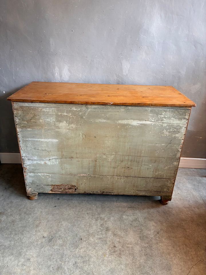 Small Antique Pine Kneehole Desk with rustic charm and white porcelain knobs, ideal for country-style home decor.