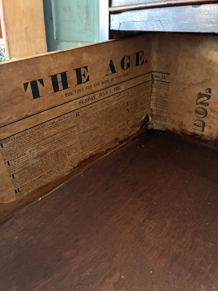 Interior detail of Antique Mahogany Bow Front Chest of Drawers with 1833 newspaper lining, vintage home decor from Devon.