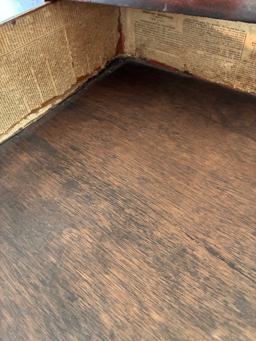Antique Mahogany Bow Front Chest of Drawers interior lined with 1833 newspaper, showcasing vintage home style in Devon.