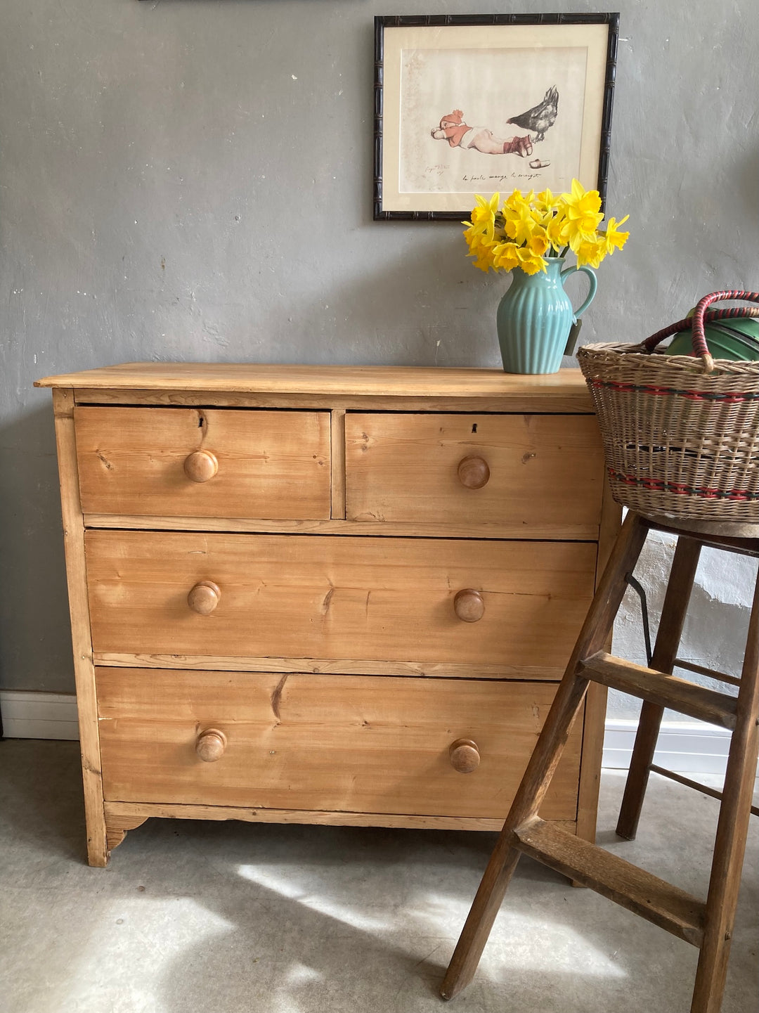 Antique Pine Chest of Drawers with wooden knobs and rustic decor, featuring yellow flowers in a vase, Source for the Goose, Devon.