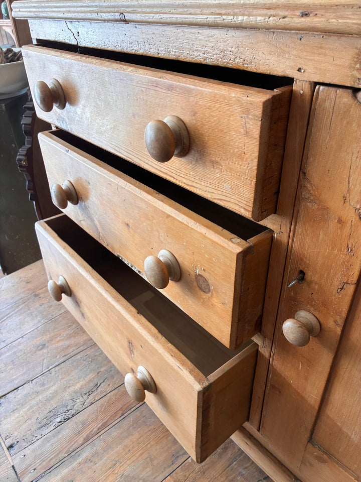 Small Victorian Pine Dresser with Galleried Back featuring three open drawers, showcasing vintage home charm for a country home.