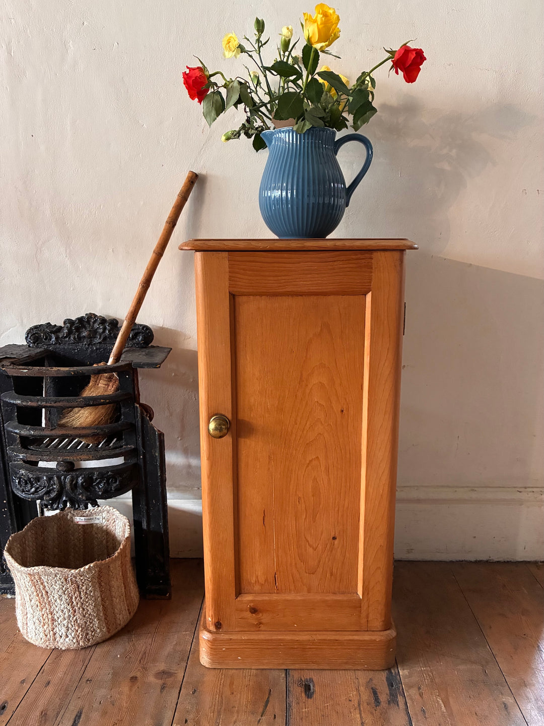 Antique Pine Pot Cupboard with flower vase and vintage decor in background, from Source for the Goose Devon.