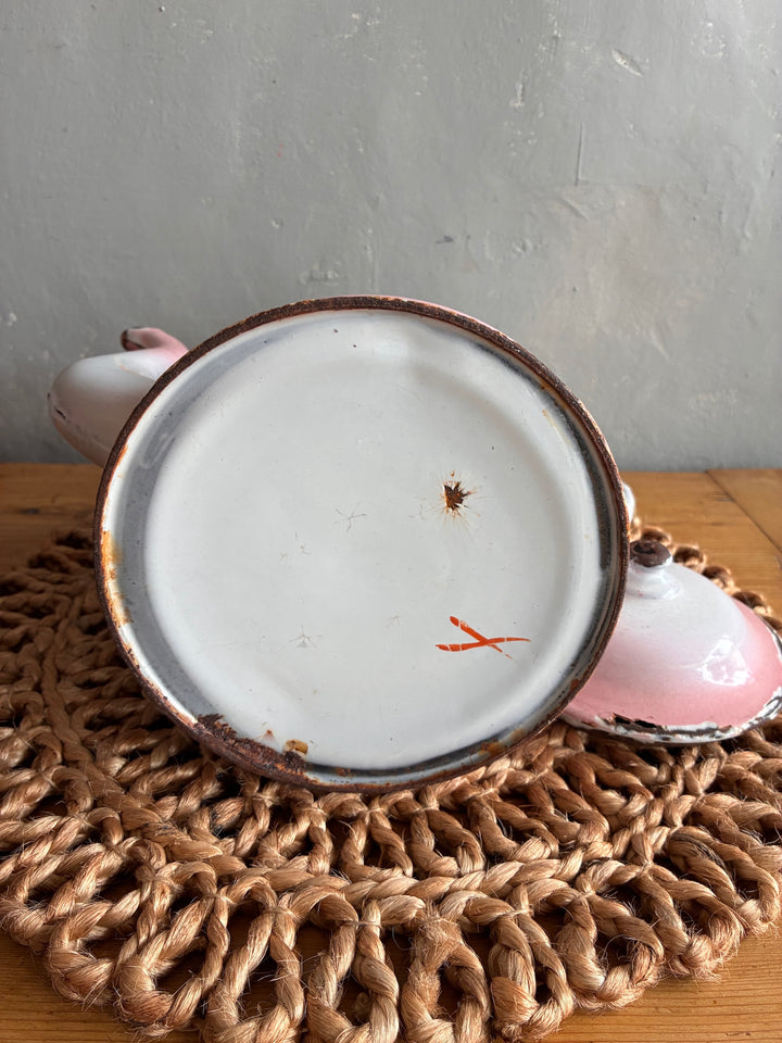 Bottom view of a Vintage Pink and White French Enamel Coffee Pot by Source for the Goose, showcasing its charm and rustic finish.