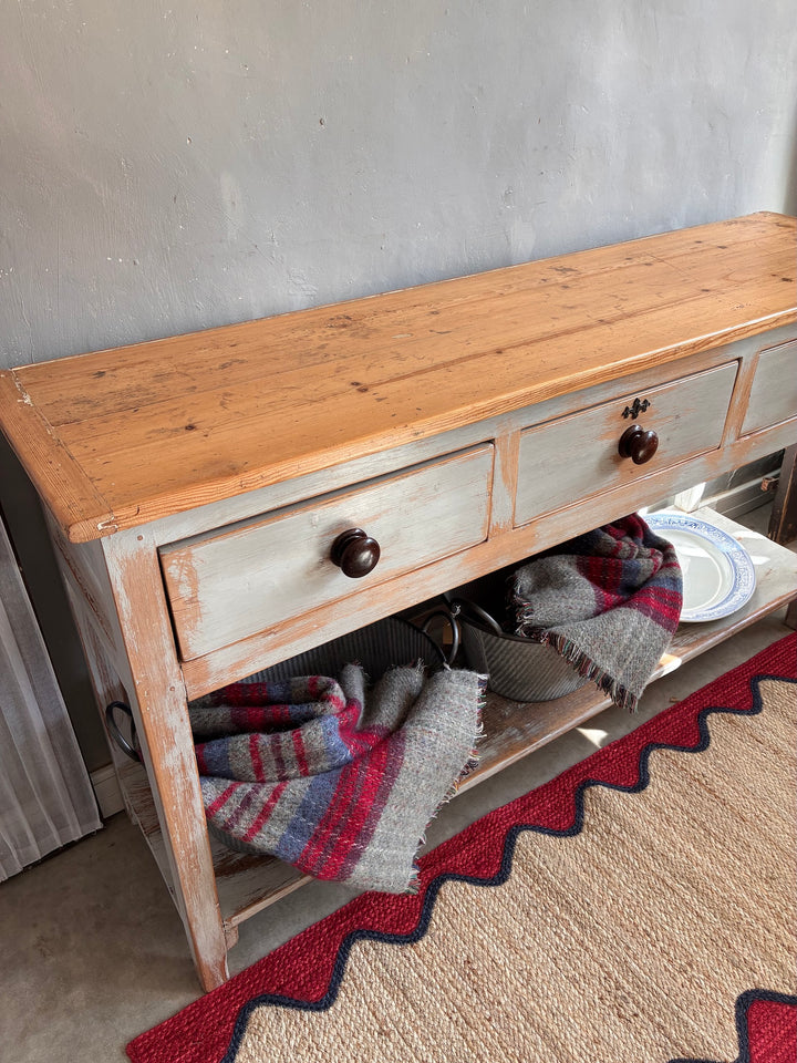 Antique Pine Potboard Dresser with three drawers, rustic charm and distressed painted base, by Source for the Goose, Devon.