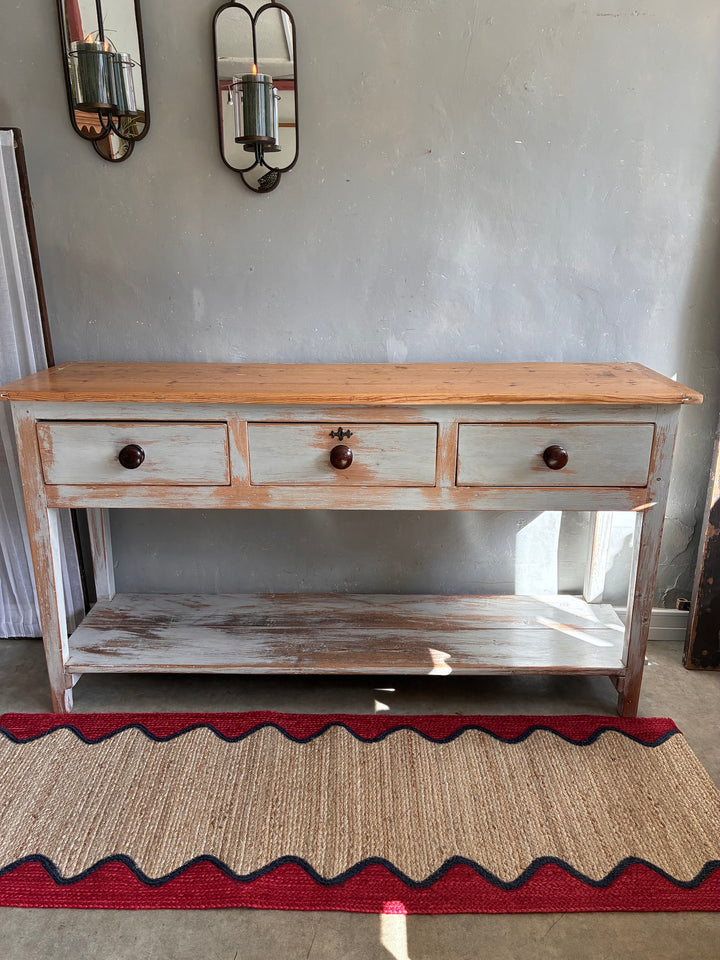 Antique Pine Potboard Dresser with three drawers, rustic charm and distressed finish, from Source for the Goose Devon.